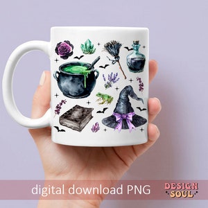 May include: White ceramic mug with a black cauldron, witch's hat, broom, and other witchy elements in watercolor style.