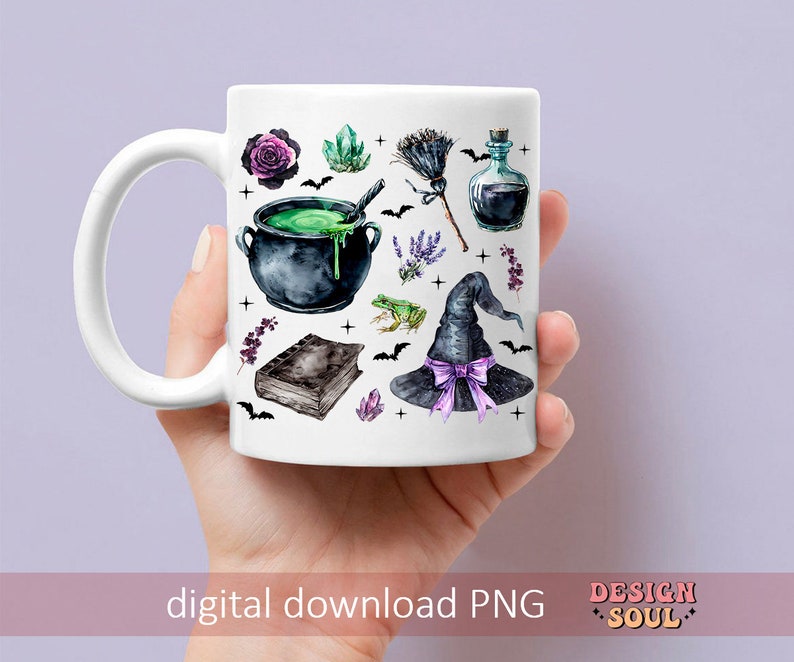 May include: White ceramic mug with a black cauldron, witch's hat, broom, and other witchy elements in watercolor style.
