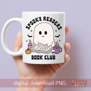May include: White ceramic mug with a black and white illustration of a ghost reading a book. The mug has the text "Spooky Readers Book Club" printed on it.