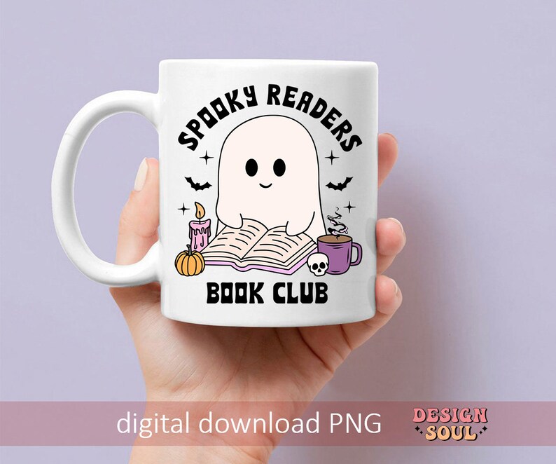 May include: White ceramic mug with a black and white illustration of a ghost reading a book. The mug has the text "Spooky Readers Book Club" printed on it.