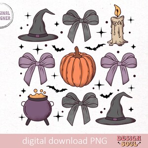 Puede incluir: Un conjunto de nueve im&aacute;genes de clipart digital con tem&aacute;tica de Halloween. Las im&aacute;genes incluyen un sombrero de bruja, una calabaza, un caldero, una vela y cuatro lazos en varios colores. Las im&aacute;genes est&aacute;n en un estilo de dibujos animados y son perfectas para usar en proyectos digitales.