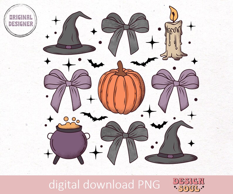 Puede incluir: Un conjunto de nueve im&aacute;genes de clipart digital con tem&aacute;tica de Halloween. Las im&aacute;genes incluyen un sombrero de bruja, una calabaza, un caldero, una vela y cuatro lazos en varios colores. Las im&aacute;genes est&aacute;n en un estilo de dibujos animados y son perfectas para usar en proyectos digitales.