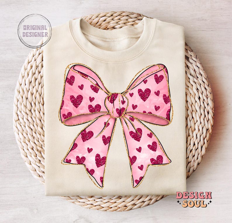 May include: A beige sweatshirt with a pink and gold bow with hearts printed on it. The bow is centered on the sweatshirt.
