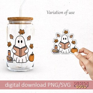 May include: A digital download of a cute ghost reading a book with fall leaves and a pumpkin. The ghost is white with black eyes and a pink mouth. The leaves are orange and brown. The pumpkin is orange. The text "Variation of use" is in the top right corner of the image. The text "digital download PNG/SVG DESIGN SOUL" is at the bottom of the image.