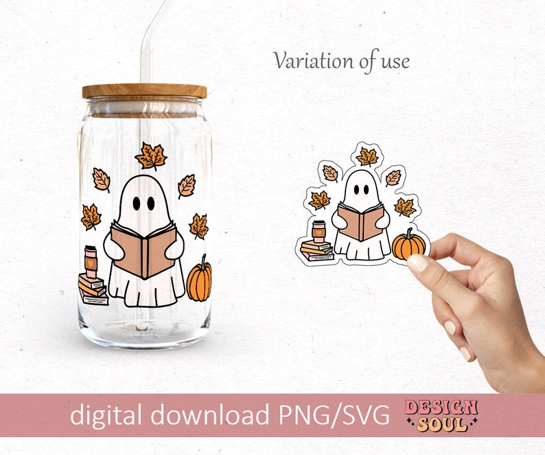 May include: A digital download of a cute ghost reading a book with fall leaves and a pumpkin. The ghost is white with black eyes and a pink mouth. The leaves are orange and brown. The pumpkin is orange. The text "Variation of use" is in the top right corner of the image. The text "digital download PNG/SVG DESIGN SOUL" is at the bottom of the image.