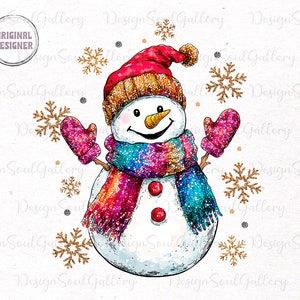 May include: A hand-drawn illustration of a snowman wearing a red hat, a sparkly rainbow scarf, and mittens. The snowman is surrounded by gold glitter snowflakes on a white background.