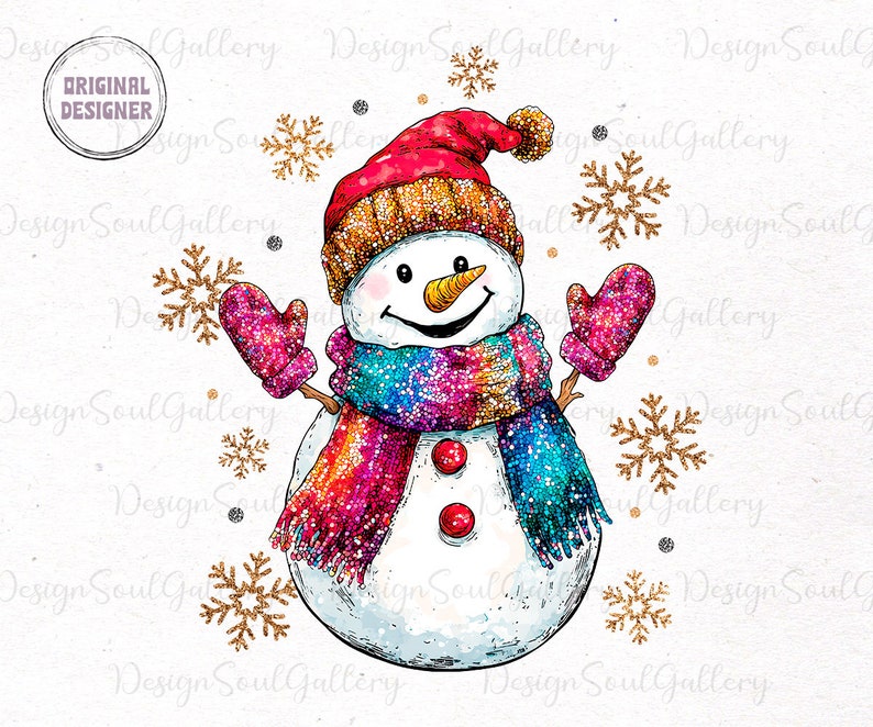 May include: A hand-drawn illustration of a snowman wearing a red hat, a sparkly rainbow scarf, and mittens. The snowman is surrounded by gold glitter snowflakes on a white background.