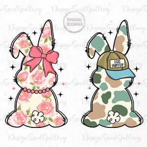 May include: Two Easter bunny illustrations. One bunny is wearing a pink bow and has a floral pattern. The other bunny is wearing a blue and brown baseball cap with the text "Egg Hunter" and has a camouflage pattern.