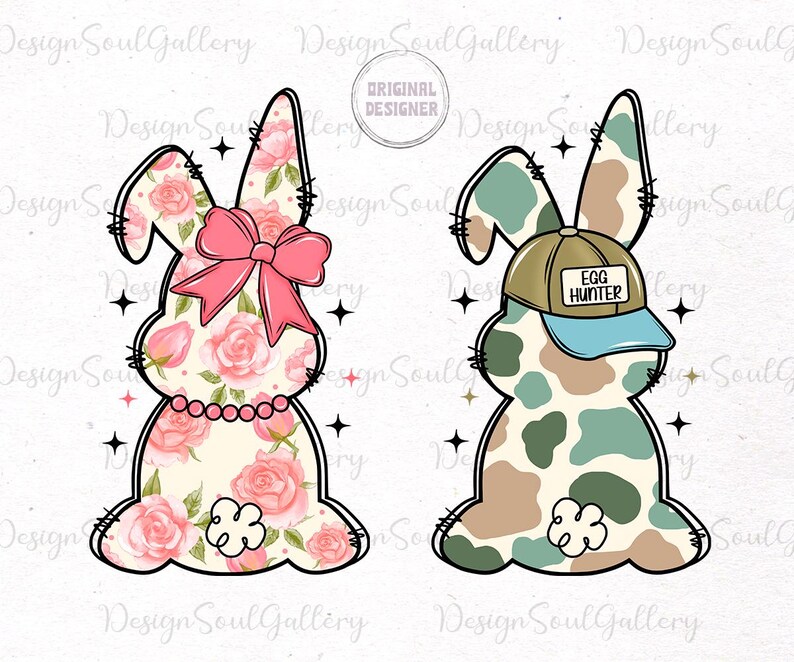May include: Two Easter bunny illustrations. One bunny is wearing a pink bow and has a floral pattern. The other bunny is wearing a blue and brown baseball cap with the text "Egg Hunter" and has a camouflage pattern.