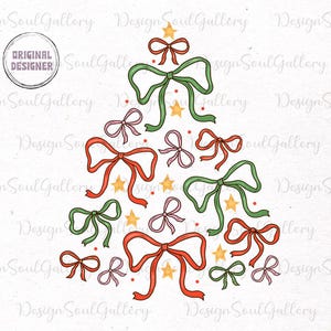 May include: A Christmas tree design made of red, green and pink bows with gold stars. The bows are arranged in a tree shape with the top bow being a red bow with gold stars.