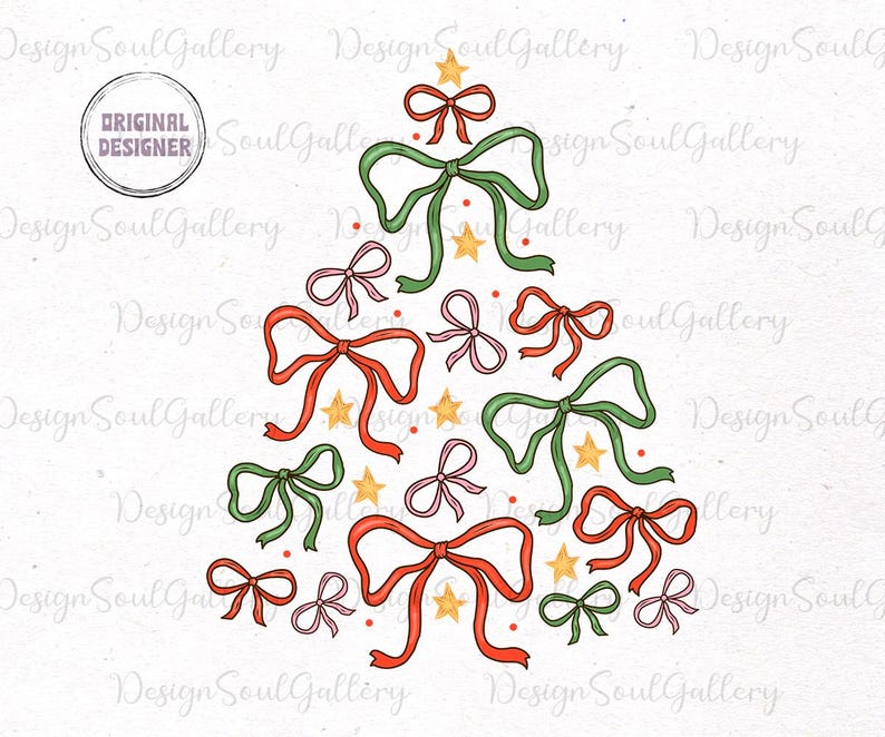 May include: A Christmas tree design made of red, green and pink bows with gold stars. The bows are arranged in a tree shape with the top bow being a red bow with gold stars.