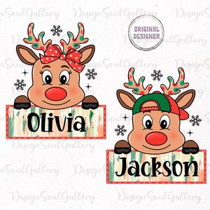 May include: Two Christmas reindeer with personalized names, Olivia and Jackson, holding signs with a watercolor-style background. The reindeer are wearing festive accessories, including a red bow and a green and red baseball cap.