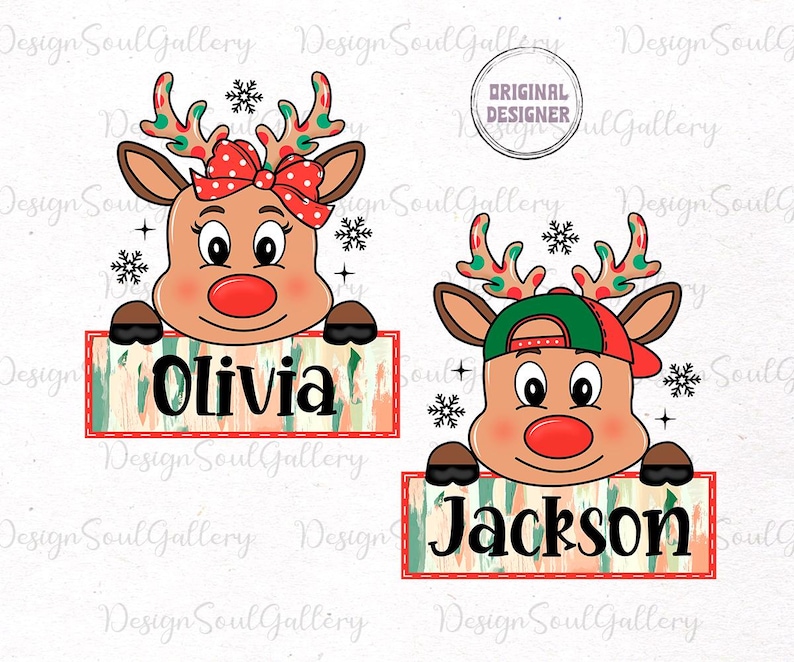 May include: Two Christmas reindeer with personalized names, Olivia and Jackson, holding signs with a watercolor-style background. The reindeer are wearing festive accessories, including a red bow and a green and red baseball cap.