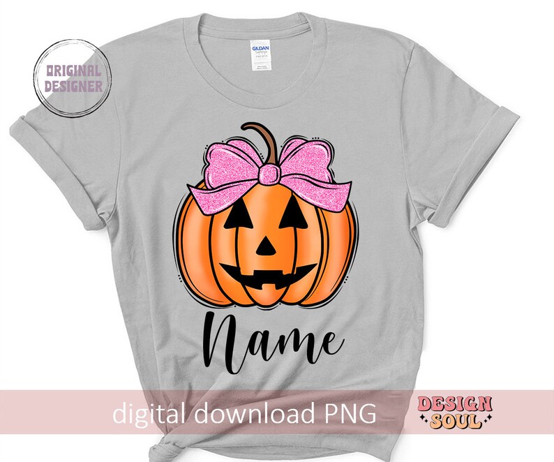 May include: A gray t-shirt with a pumpkin design. The pumpkin has a pink bow and a jack-o'-lantern face. The text "Name" is below the pumpkin.  The shirt is a digital download PNG file.