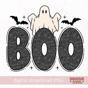 May include: A black and white glitter graphic design of the word "BOO" with a ghost and bats. The ghost is white with a pink face and is floating above the word "BOO".