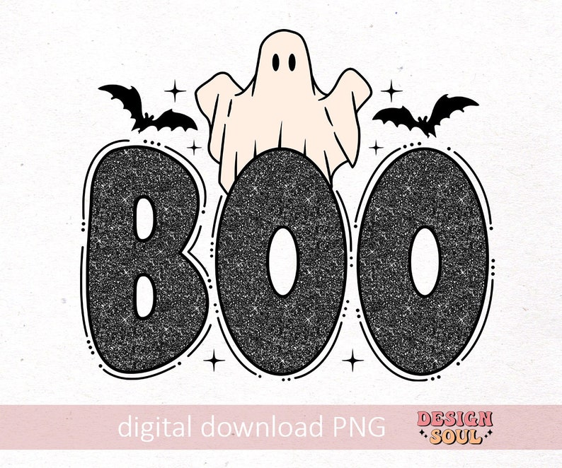 May include: A black and white glitter graphic design of the word "BOO" with a ghost and bats. The ghost is white with a pink face and is floating above the word "BOO".