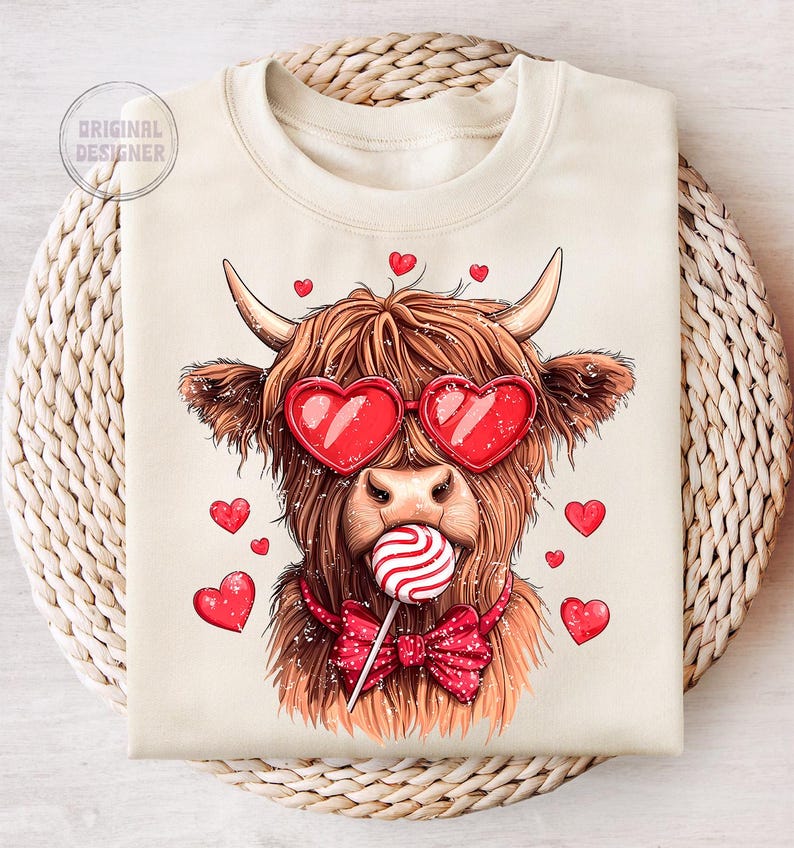 May include: A beige sweatshirt with a cartoon illustration of a Highland cow wearing heart-shaped sunglasses and a red bow tie. The cow is holding a red and white lollipop in its mouth. There are red hearts scattered around the cow.