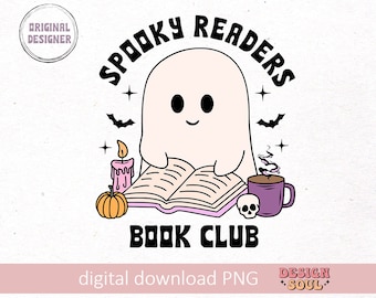 Spooky book club png, spooky readers png, trendy bookish halloween png, spooky reading,  fall vibes, stickers, bookmarks, ghost halloween