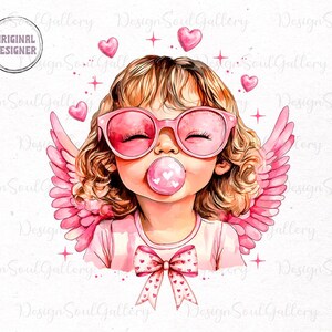 Retro Cupid Blowing Bubble PNG, Vintage Valentines Day png, Funny Cupid With Sunglasses png, Valentines Day png, Cupid png, valentines bow