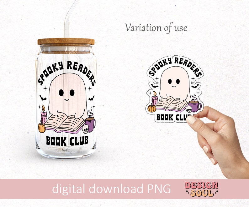 May include: A clear glass jar with a wooden lid and a straw. The jar has a sticker on it that says "Spooky Readers Book Club" and features a cartoon ghost reading a book.