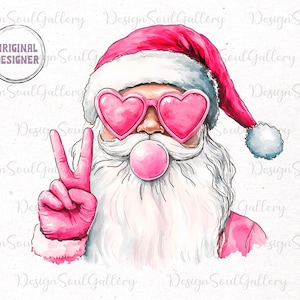 May include: A watercolour illustration of Father Christmas wearing pink heart-shaped sunglasses and a pink Santa hat. He is blowing a pink bubble and giving the peace sign with his right hand.