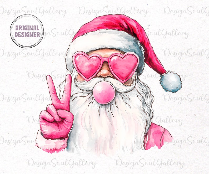 May include: A watercolour illustration of Father Christmas wearing pink heart-shaped sunglasses and a pink Santa hat. He is blowing a pink bubble and giving the peace sign with his right hand.