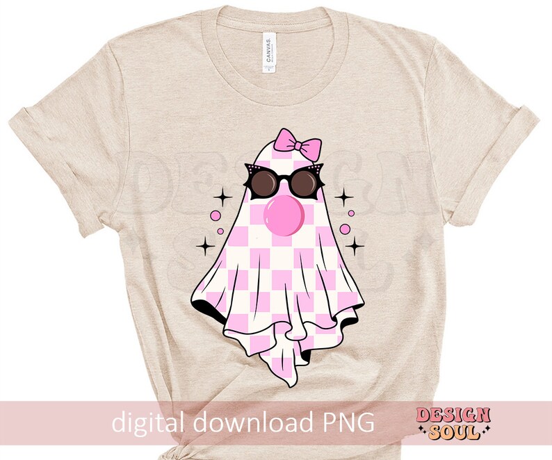 May include: A beige t-shirt with a pink and white checkered ghost wearing black sunglasses and a pink bow. The ghost has a pink bubble coming out of its mouth. The text "digital download PNG" is at the bottom of the shirt.