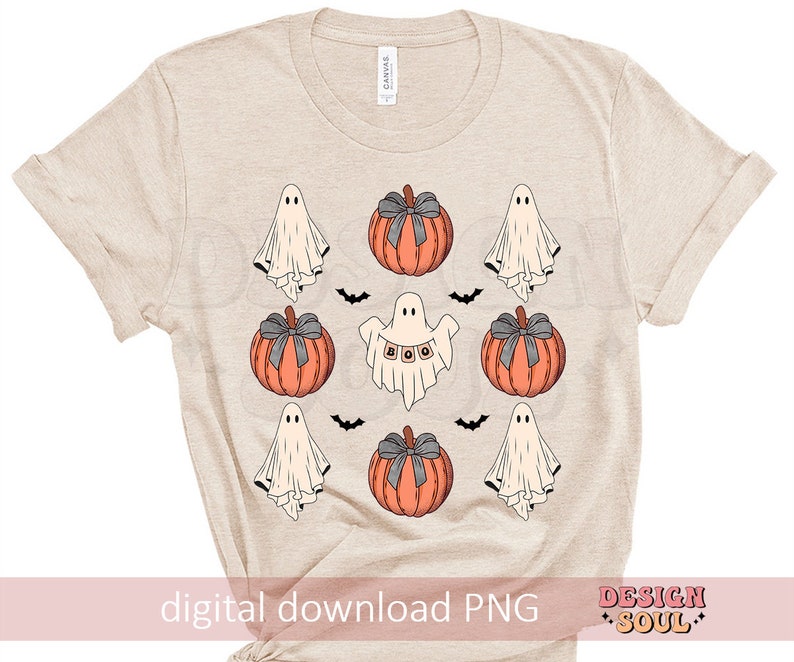 May include: Beige t-shirt featuring a Halloween design. The design includes orange pumpkins with gray bows, white ghosts, and black bats. One ghost has the word "BOO" on it. The words "digital download PNG" are at the bottom.