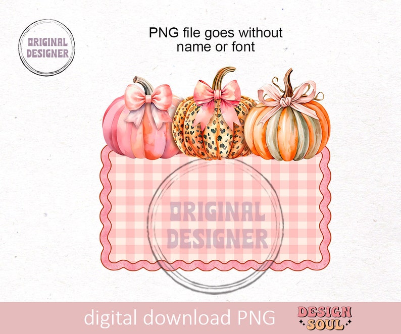 May include: Three watercolor pumpkins with pink and orange hues. The pumpkins are decorated with pink bows and one has a leopard print design. The pumpkins are sitting on a pink and white gingham background.