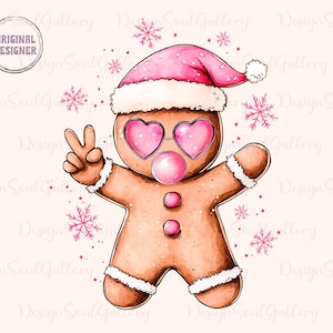 May include: A gingerbread person wearing a pink Santa hat and sunglasses with pink heart-shaped lenses. The gingerbread person is holding up two fingers in a peace sign and has a pink bubble coming out of its mouth.