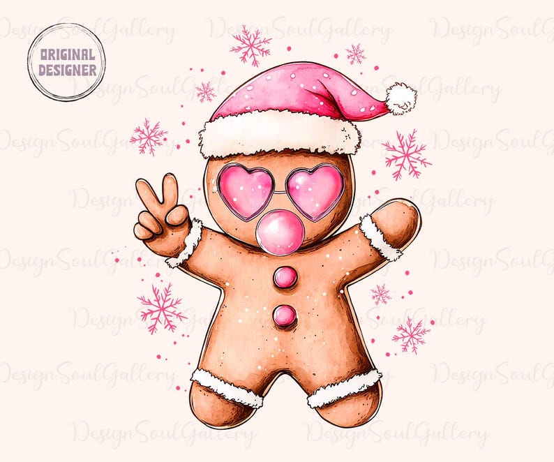 May include: A gingerbread person wearing a pink Santa hat and sunglasses with pink heart-shaped lenses. The gingerbread person is holding up two fingers in a peace sign and has a pink bubble coming out of its mouth.