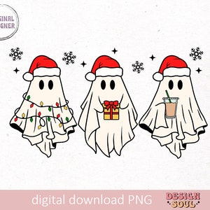 May include: Three white ghosts wearing red Santa hats. The ghost on the left is decorated with Christmas lights, the middle ghost is holding a wrapped gift, and the ghost on the right is holding a cup of coffee.