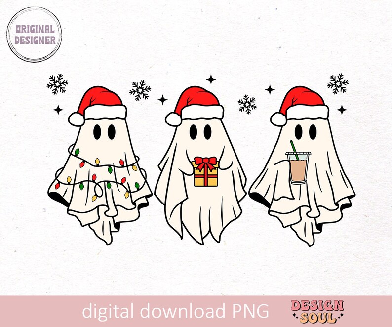 May include: Three white ghosts wearing red Santa hats. The ghost on the left is decorated with Christmas lights, the middle ghost is holding a wrapped gift, and the ghost on the right is holding a cup of coffee.