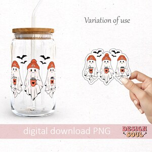 May include: A clear glass beverage can with a bamboo lid and straw, featuring a Halloween-themed design. The design includes three cartoon ghosts wearing orange beanies and holding coffee cups, with bats flying above. The words "digital download PNG" are at the bottom.