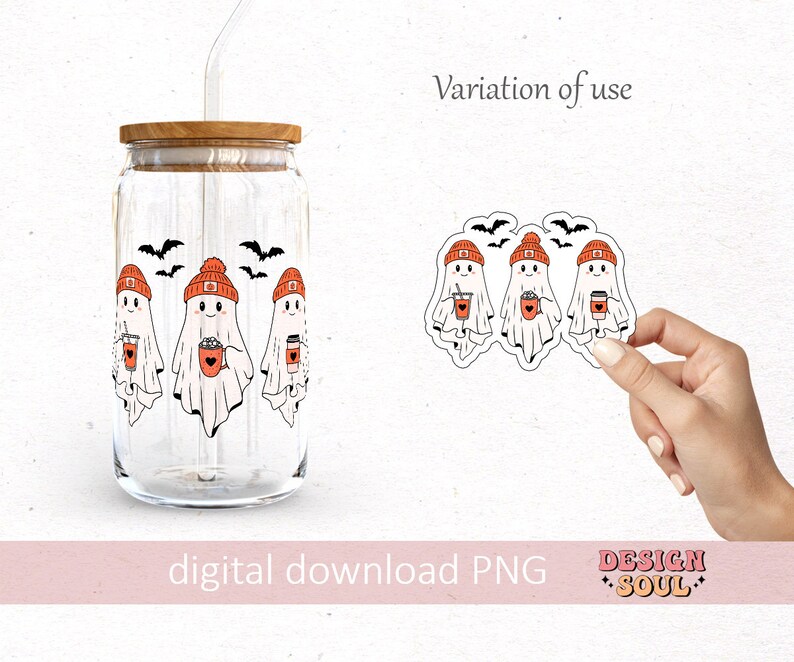 May include: A clear glass beverage can with a bamboo lid and straw, featuring a Halloween-themed design. The design includes three cartoon ghosts wearing orange beanies and holding coffee cups, with bats flying above. The words "digital download PNG" are at the bottom.