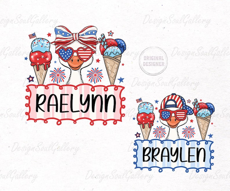 May include: Two patriotic designs featuring cartoon ducks with ice cream cones and fireworks. One duck wears a bow and heart-shaped sunglasses, the other a cap and sunglasses. The names "RAELYNN" and "BRAYLEN" are displayed.