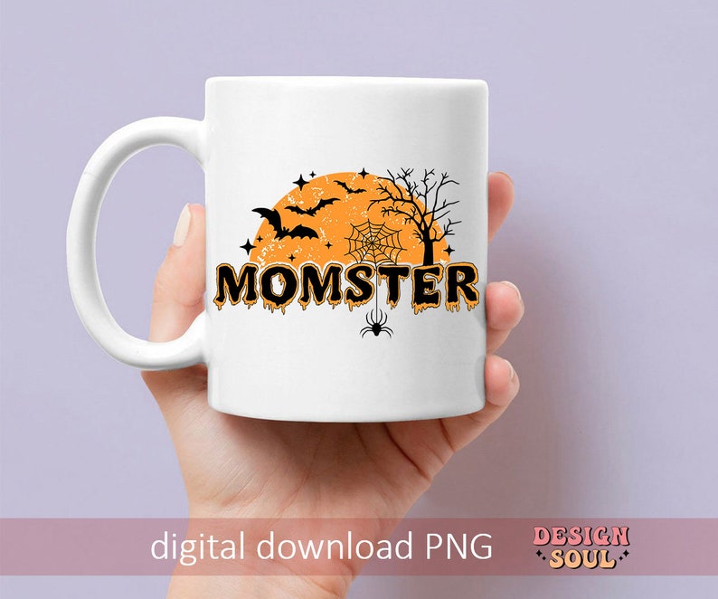 May include: White ceramic mug with a black and orange Halloween design. The design features a crescent moon, bats, a spider web, and the text "Momster".