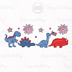 May include: A patriotic illustration featuring four cartoon dinosaurs in red, white, and blue. One dinosaur holds an American flag. Fireworks and stars complete the design, perfect for Independence Day.