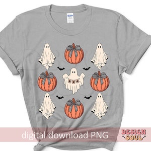 May include: A gray t-shirt featuring a repeating pattern of Halloween-themed illustrations. The design includes orange pumpkins with gray bows, white ghosts, and black bats. One ghost has the word "BOO" on it. The text "digital download PNG" is at the bottom.