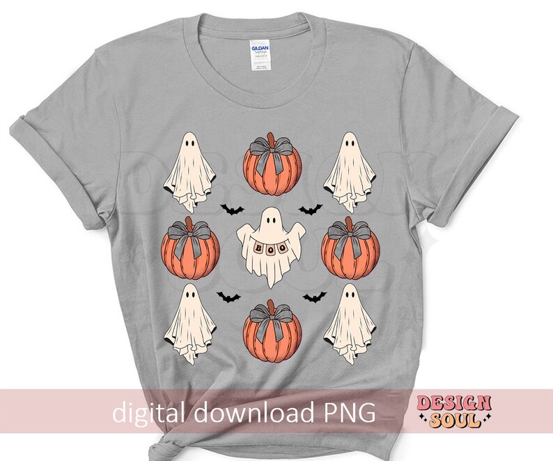 May include: A gray t-shirt featuring a repeating pattern of Halloween-themed illustrations. The design includes orange pumpkins with gray bows, white ghosts, and black bats. One ghost has the word "BOO" on it. The text "digital download PNG" is at the bottom.