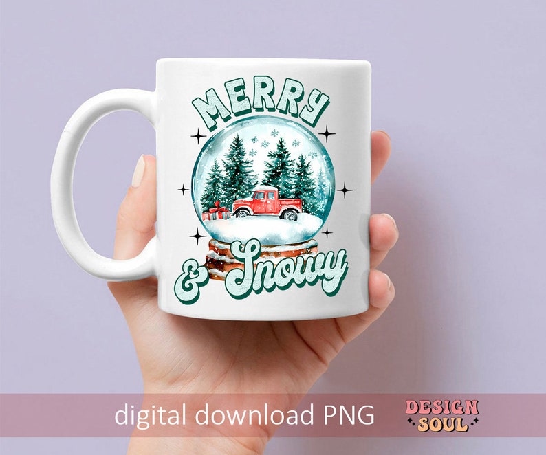 May include: White ceramic mug featuring a green and white snow globe design. The snow globe depicts a red truck and pine trees. The text "Merry & Snowy" is written in a retro font.