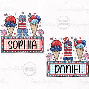 May include: A patriotic design featuring ice cream cones and popsicles with red, white, and blue accents. The design includes the name "SOPHIA" in a red and white checkered frame, and the name "DANIEL" in a blue and white checkered frame.