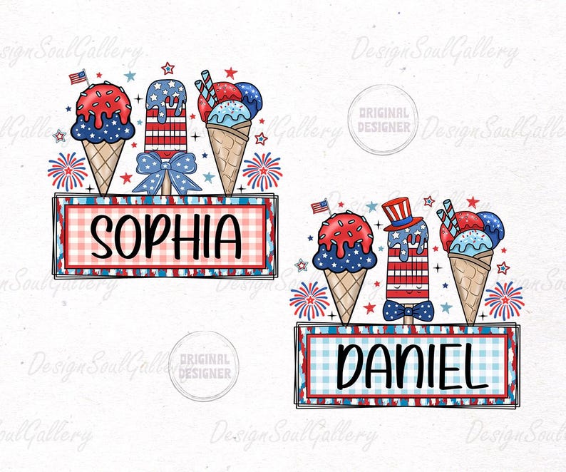 May include: A patriotic design featuring ice cream cones and popsicles with red, white, and blue accents. The design includes the name "SOPHIA" in a red and white checkered frame, and the name "DANIEL" in a blue and white checkered frame.