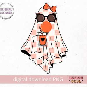 May include: A pink and white checkered ghost wearing sunglasses and a red bow, holding a glass of orange juice with a straw.