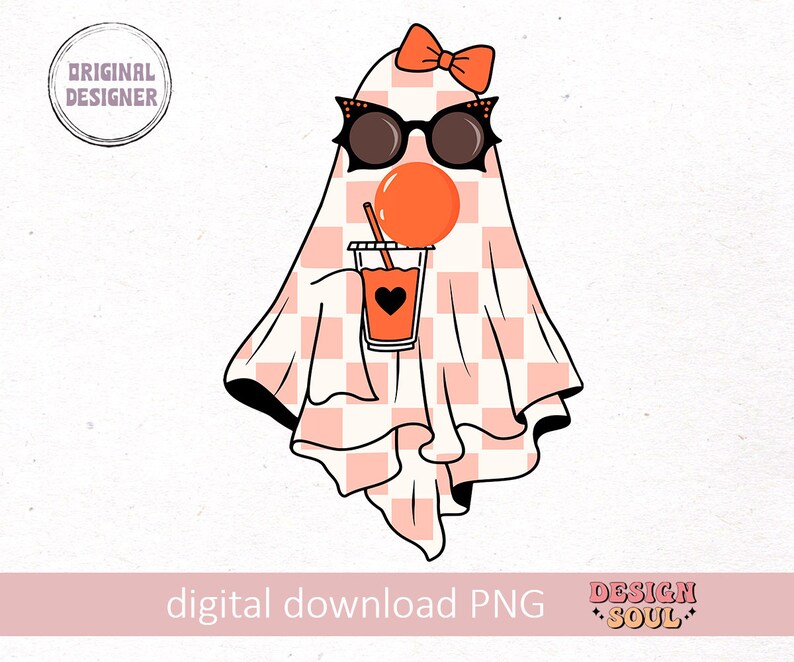 May include: A pink and white checkered ghost wearing sunglasses and a red bow, holding a glass of orange juice with a straw.