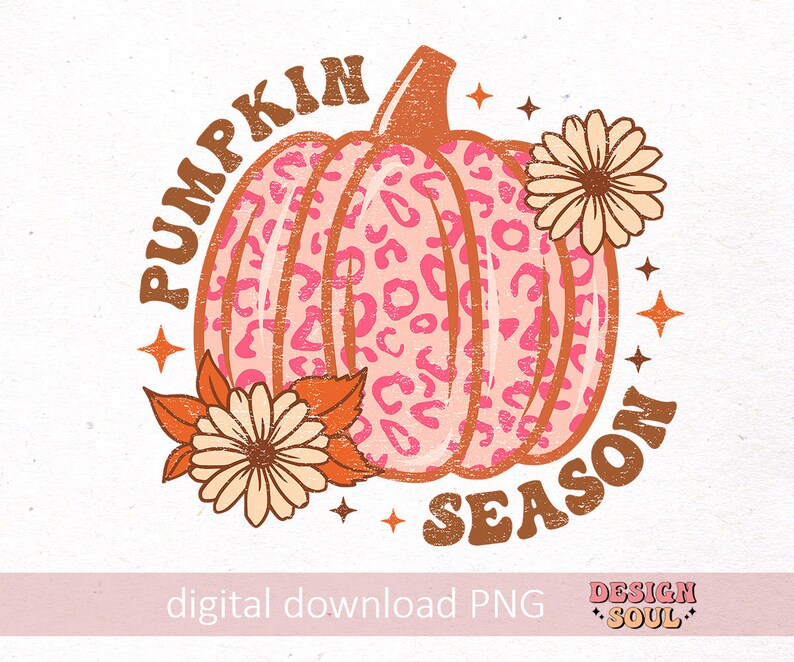 May include: A retro-style graphic design featuring a pink and orange pumpkin with a leopard print pattern. The pumpkin is surrounded by flowers and the text "Pumpkin Season".