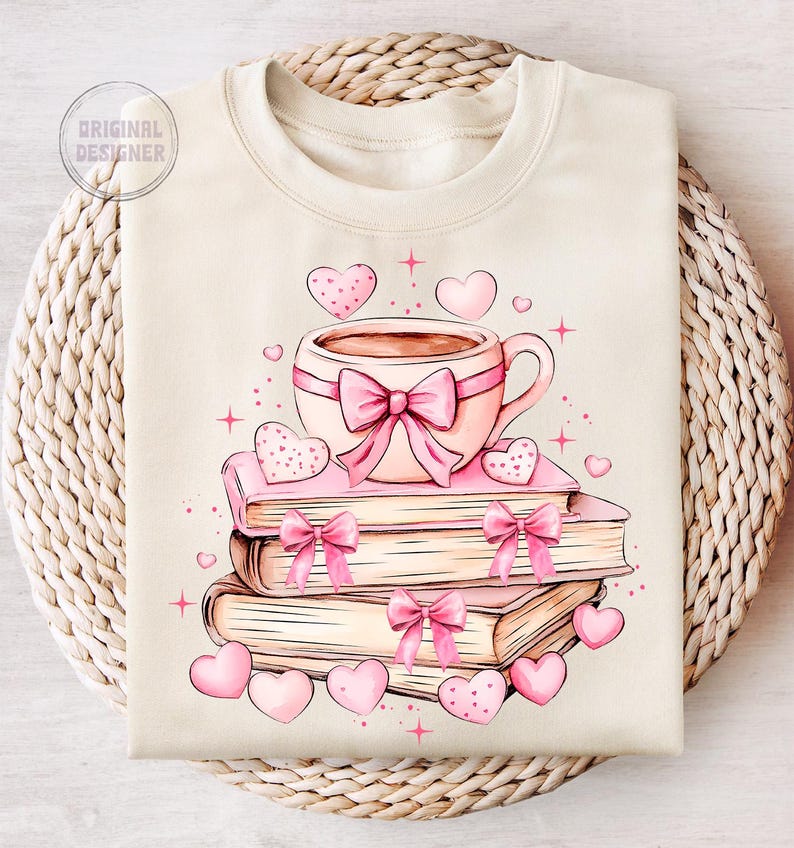 K&ouml;nnte beinhalten: Ein beiger Pullover mit einer rosa und wei&szlig;en Illustration einer Tasse Kaffee, einem Stapel B&uuml;cher und Herzen.