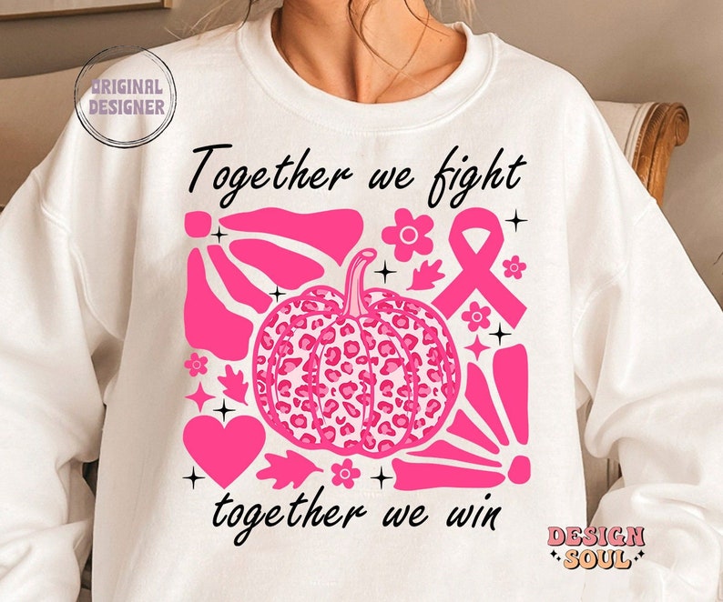Peut inclure: Sweat-shirt blanc avec un motif graphique rose repr&eacute;sentant une citrouille &agrave; imprim&eacute; l&eacute;opard, un ruban rose et le texte "Ensemble nous luttons, ensemble nous gagnons".