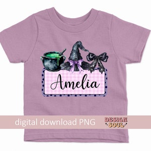 May include: A purple t-shirt with a witch hat, cauldron, and a pink and white gingham sign that says "Amelia".