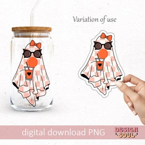 May include: A digital download of a ghost wearing sunglasses and a pink and white checkered pattern, holding a glass of orange juice with a straw. The ghost is wearing a pink bow. The image is a variation of use for a sticker or a design on a water bottle.
